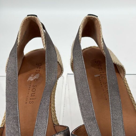 Gentle Souls Luci Sandals Women's 7 Pewter Tan Leather Peep Toe Wedge Espadrille - Picture 5 of 10